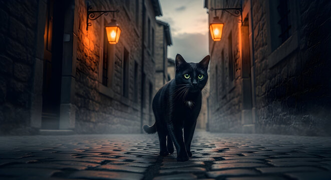 Mysterious Black Cat Walking Down Cobblestone Street at Night with Glowing Streetlights and Mist