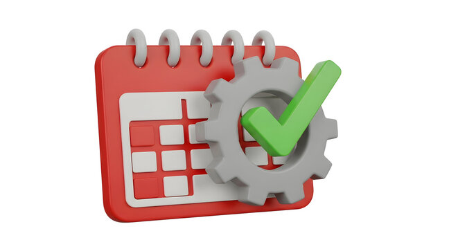 Streamline project scheduling with a vibrant calendar, gear, and check mark for efficient workflow and timely task completion, enhancing productivity and ensuring success