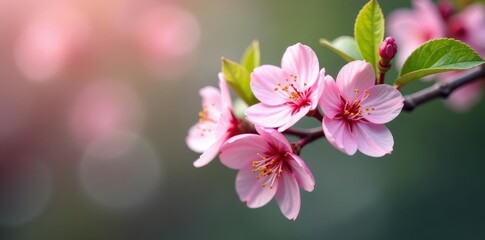 Obraz premium Delicate pink blossom branch with green leaves, foliage, nature, blossoms
