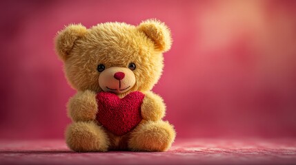 Obraz premium Small teddy bear, light beige fur, holds red heart, pink backdrop