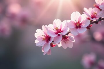 Fototapeta premium Delicate pink cherry blossom branch, soft light, gentle breeze , park, tree, spring blossom