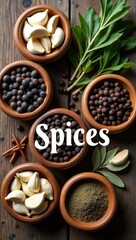 Fototapeta premium Artisanal Spice Collection: A Top-Down View of Wooden Bowls Filled with Fresh Garlic, Peppercorns, and Bay Leaves on a Rustic Table