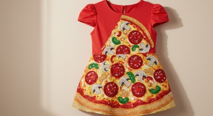 Fun and fashionable pizza slice dress for kids, perfect for parties or themed events, vibrant design