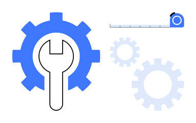 Wrench inside a gear symbolizing technical tools and engineering processes, alongside a measuring tape for precision. Ideal for maintenance, design, engineering, tools, optimization, measurement