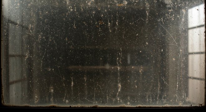 Grimy scratched window with a faint reflection of a grid pattern
