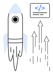 Rocket lifting off with flames, coding window, and upward arrows symbolizing growth, innovation, technology, and progress. Ideal for tech startups, coding, growth strategy digital solutions