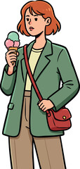 Young woman eating ice cream cone in casual outfit with green jacket and red bag vector illustration 