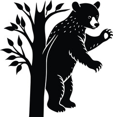 Black bear standing next to a stylized tree with leaves
