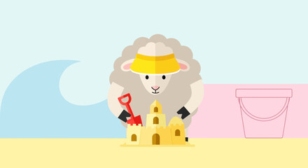 Fototapeta premium Cute sheep building sandcastle on beach illustration with pastel background holiday concept minimalist design vector art
