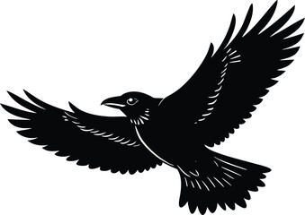 Black silhouette of a raven in flight with wings spread wide