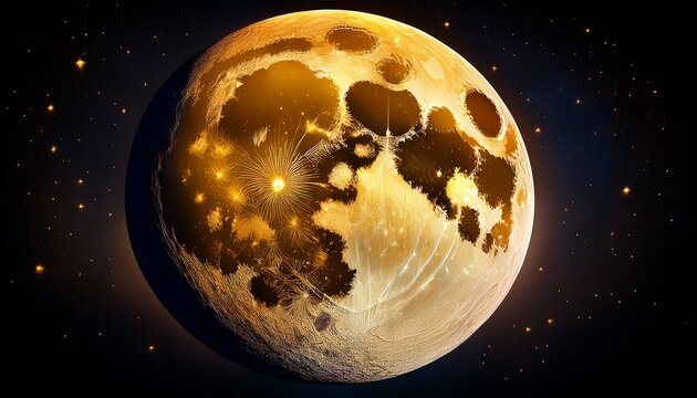 a full moon with a golden yellow tint against a starlit black sky capturing intricate lunar surface features including craters maria and ray systems the photorealistic artwork generative ai