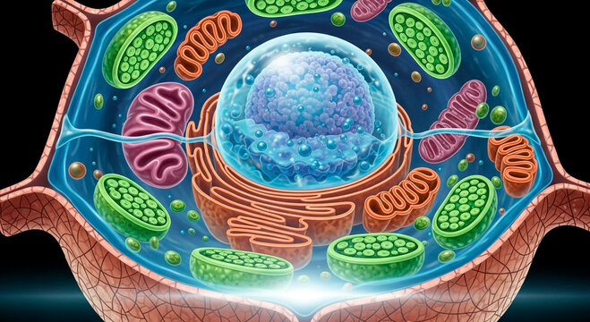 A detailed illustration of a eukaryotic cell with organelles and nucleus visible in cross section