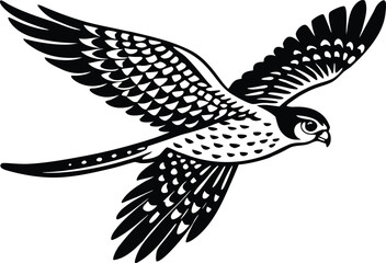 Stylized black and white falcon in flight