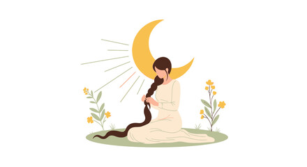 Dreamy illustration of a woman braiding her hair under the moonlight in a serene setting