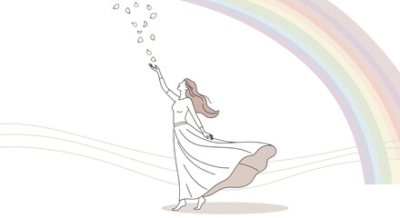 Fototapeta premium Dreamy illustration of a woman reaching for falling petals under a rainbow bright