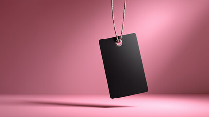 Modern 3D render of blank black glossy paper tag with silver string floating above gradient background with soft shadows, perfect for futuristic branding and product mockups.