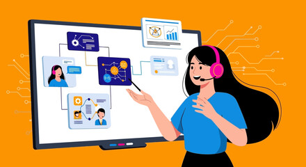 Customer service representative explaining data flow on interactive whiteboard with diagram on orange background