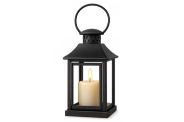 Black metal lantern with burning candle on transparent background