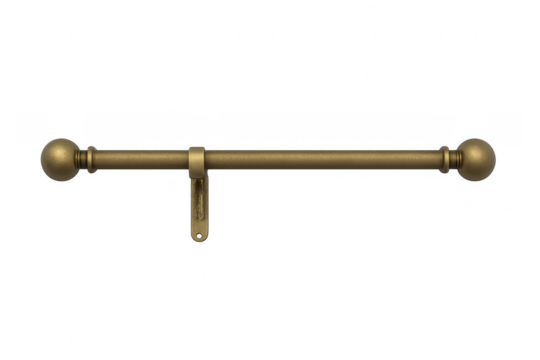 Golden curtain rod with spherical finials on transparent background