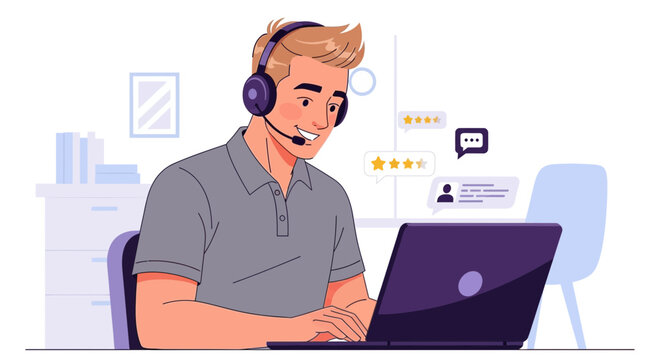 Customer service representative providing support online with headset and laptop