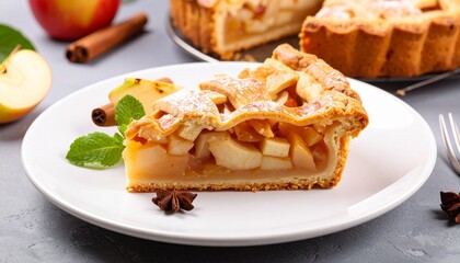 A Tempting Slice of Golden Apple Pie, a Classic Dessert Concept, Served with Fresh Apples and Spices. Perfect for Autumn or Any Sweet Occasion.