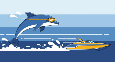 Dynamic illustration of a dolphin with goggles racing a speedboat in the ocean adventure