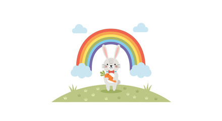 Naklejka premium Cute bunny holding carrot with rainbow background perfect for easter or springtime illustration
