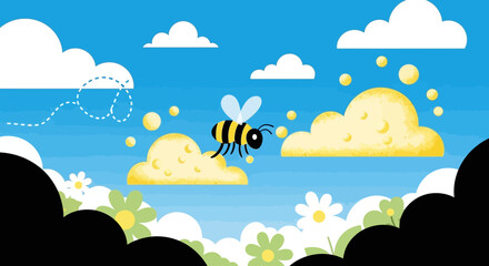 Cute cartoon bee flying over clouds in a whimsical sky illustration scene with a playful and happy atmosphere