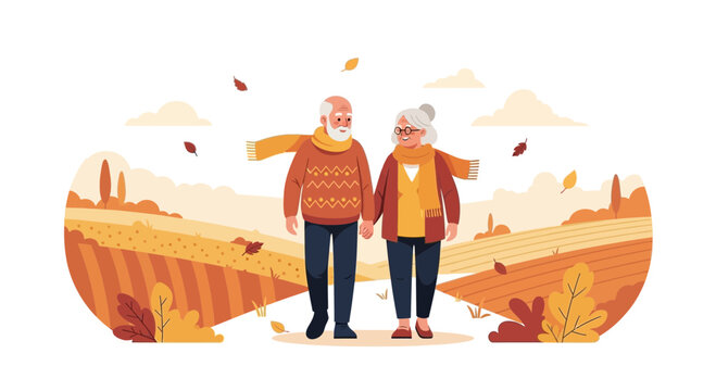 Elderly couple enjoying a peaceful walk in an autumn landscape illustration - Powered by Adobe