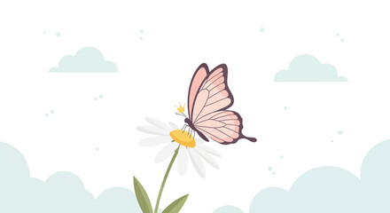 Delicate butterfly with a tiny crown resting gracefully on a daisy surrounded by fluffy clouds
