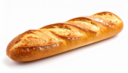 Freshly baked traditional French baguette with a golden crispy crust, a classic artisan bread loaf isolated on a white background for a healthy meal.