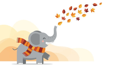 Delightful autumn illustration featuring a cartoon elephant wearing a scarf and blowing leaves creating a whimsical seasonal scene