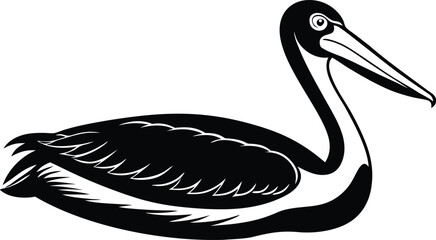 Stylized black and white pelican illustration