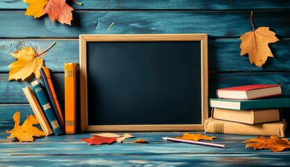 Back to school, blank chalkboard on wooden desk with books, pencils and leaves for school advertising banner with educational elements and autumn vibe - Powered by Adobe