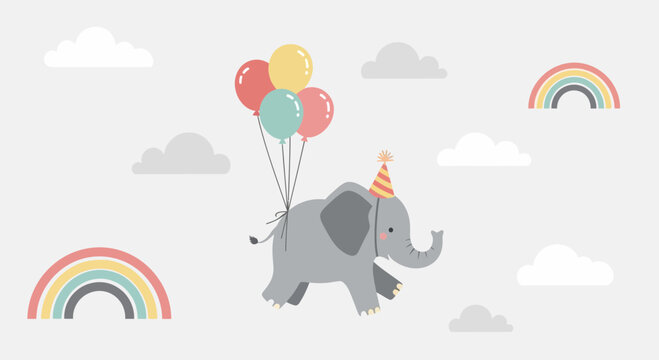 Cute Elephant with Balloons and Party Hat Floating in the Sky Illustration