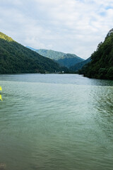 Mountain lake in Georgia surrounded by lush green hills under a cloudy summer sky, perfect for scenic travel and nature photography.