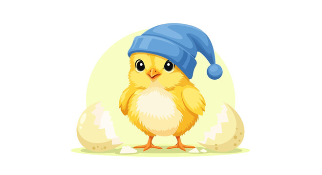 Cute little chick wearing a blue sleeping hat just hatched from its egg illustration