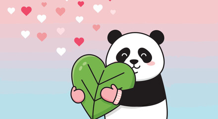 Obraz premium Cute Panda Holding Green Heart Shaped Leaf For Valentine Day Card Design