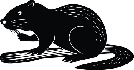 Black silhouette of a beaver gnawing on a log
