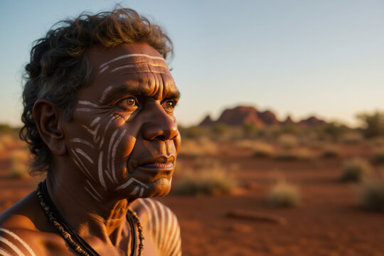 Portrait of an Indigenous Australian man with traditional body paint. Aboriginal culture and heritage in Australia.