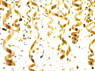 Gold confetti falling, celebratory, white background. Festive use
