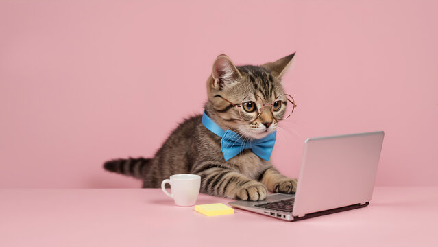 Tabby kitten wearing glasses and a blue bow tie. Funny cat working on a laptop at a pink desk. Online Registration concept. Kitten freelancer. Cat watching webinar.