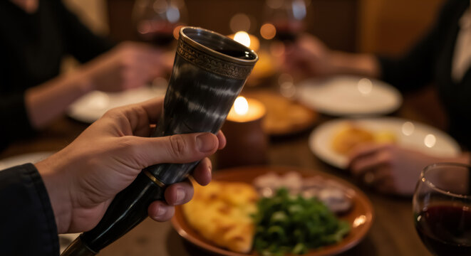 Toasting with traditional Georgian drinking horn kantsi during feast supra. Hand holding horn with wine over table with food. Georgian culture hospitality and celebration concept. - Powered by Adobe