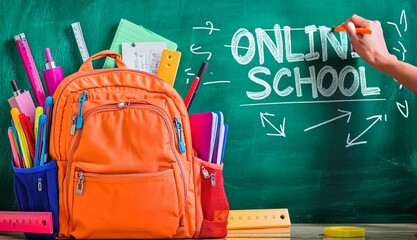 A neatly arranged school backpack with colorful notebooks, pens, and rulers sticking out, placed in front of a green chalkboard. The chalkboard is decorated with mathematical equations - Powered by Adobe
