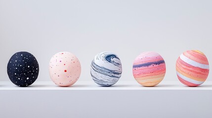 Colorful decorative eggs arranged in a line, showcasing creative designs inspired by celestial objects and unique patterns.