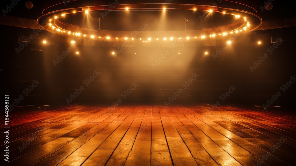 Wall mural stage with a spotlight on it. the stage is empty and the lights are on. scene is dramatic and intens