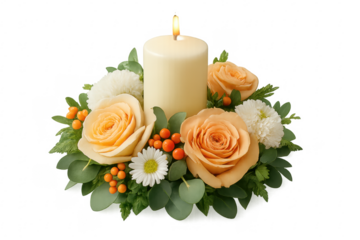 Burning candle illuminating orange roses and white flowers centerpiece on transparent background