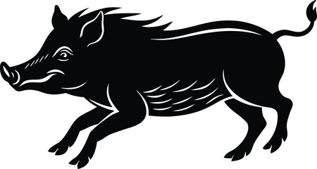 Black silhouette of a charging wild boar