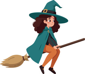 Young witch flying on broomstick with green hat and cloak vector illustration 