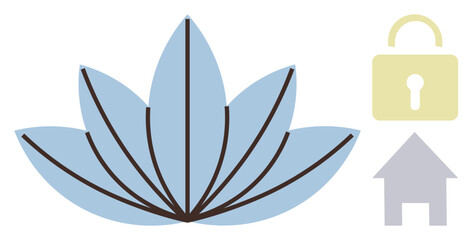 Blue lotus petals with brown lines, pale yellow padlock, and gray house. Ideal for mindfulness, security, serenity, spirituality, home protection, inner peace themes in a simple flat metaphor